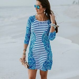Lilly Pulitzer Nila Dress Blue Stripe Tropical Preppy Sexy Cruise Vacation Large
